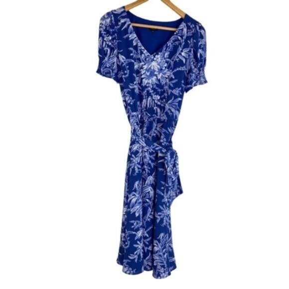 Talbots Blue Floral Etched Toile Smocked Fit and Flare Midi Dress - Picture 2 of 10